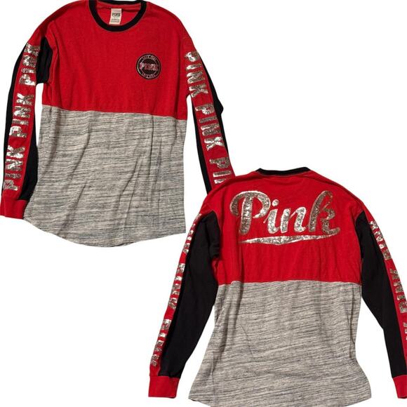 PINK Sequin Colorblock Long Sleeve Top Size Small - Picture 1 of 8